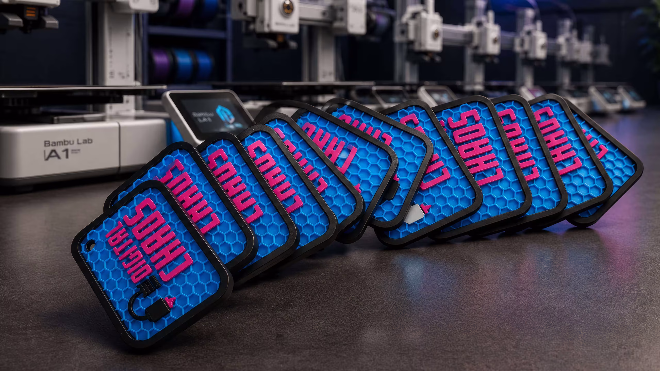 Bespoke 3D printing production line — The Digital Chaos, Costa del Sol Multicolour 3D printed bag tags and personalised keyrings at The Digital Chaos, Estepona